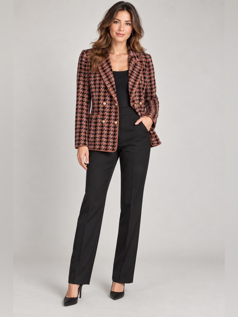 Joie Blazer Jacket Women's XS Houndstooth knit Double Breasted gold buttons T